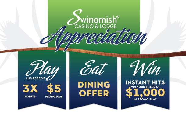 Swinomish Casino & Lodge Appreciation. Play and receive 3X Points and $5 Promo Play. Eat Dining Offer. Win Instant Hits with your share of $1,000 in Promo Play