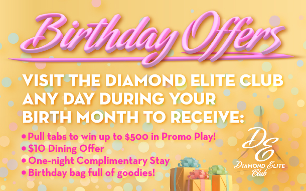 Birthday Offers: $10 Dining Offer, $20 off best available Lodge rate, Virtual Game